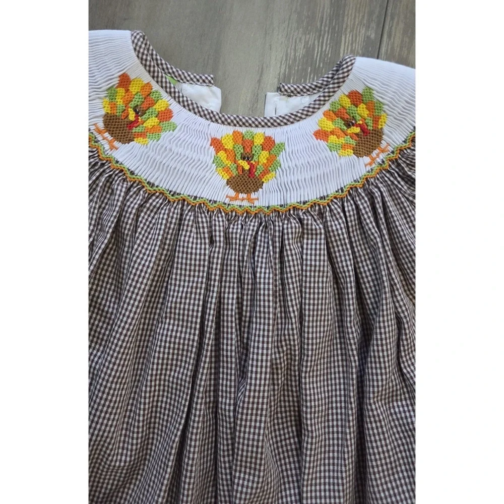 Candyland Brown Gingham Smocked Thanksgiving Turkey Fall Dress Girls Size 5